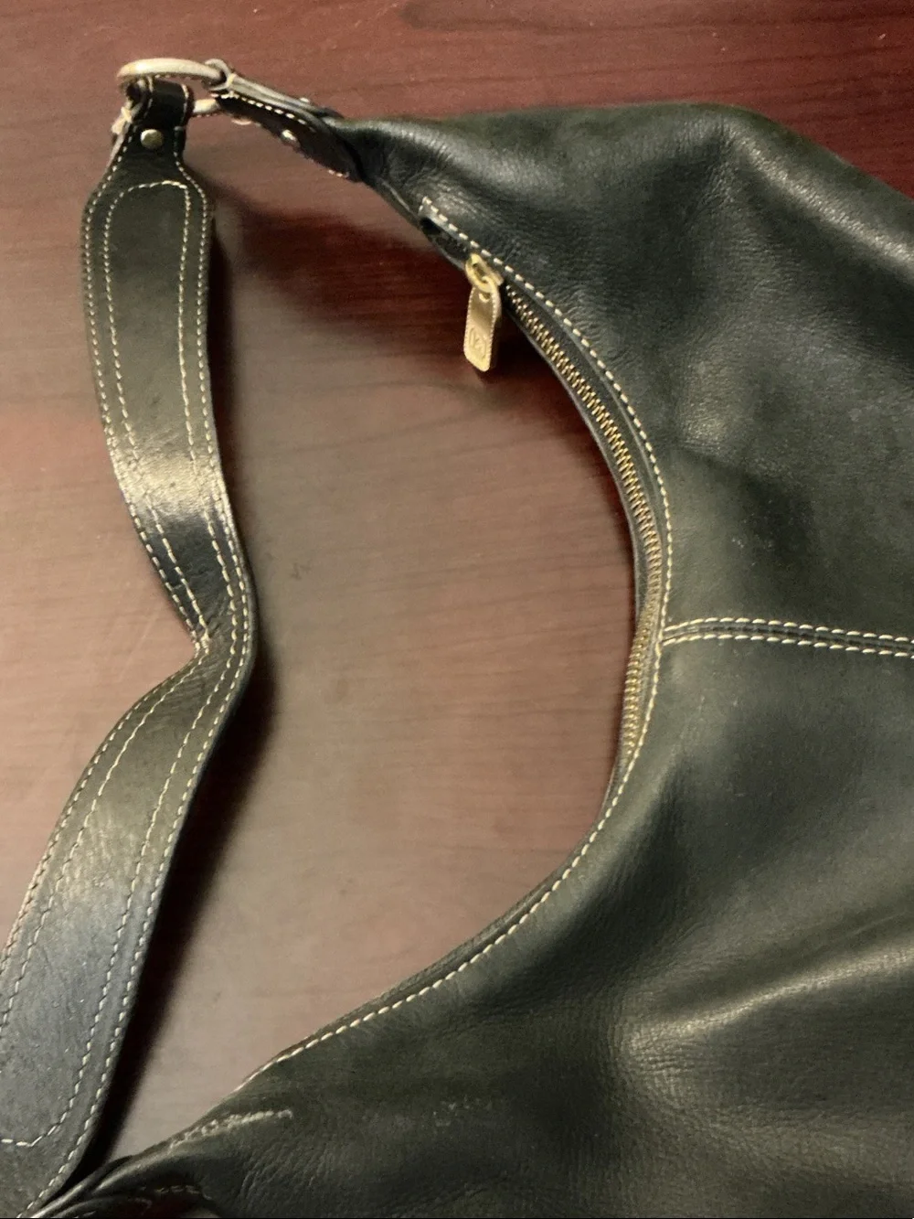 Liz Claiborne Black Leather Hobo with Cream Stitching and Gold Hardware
